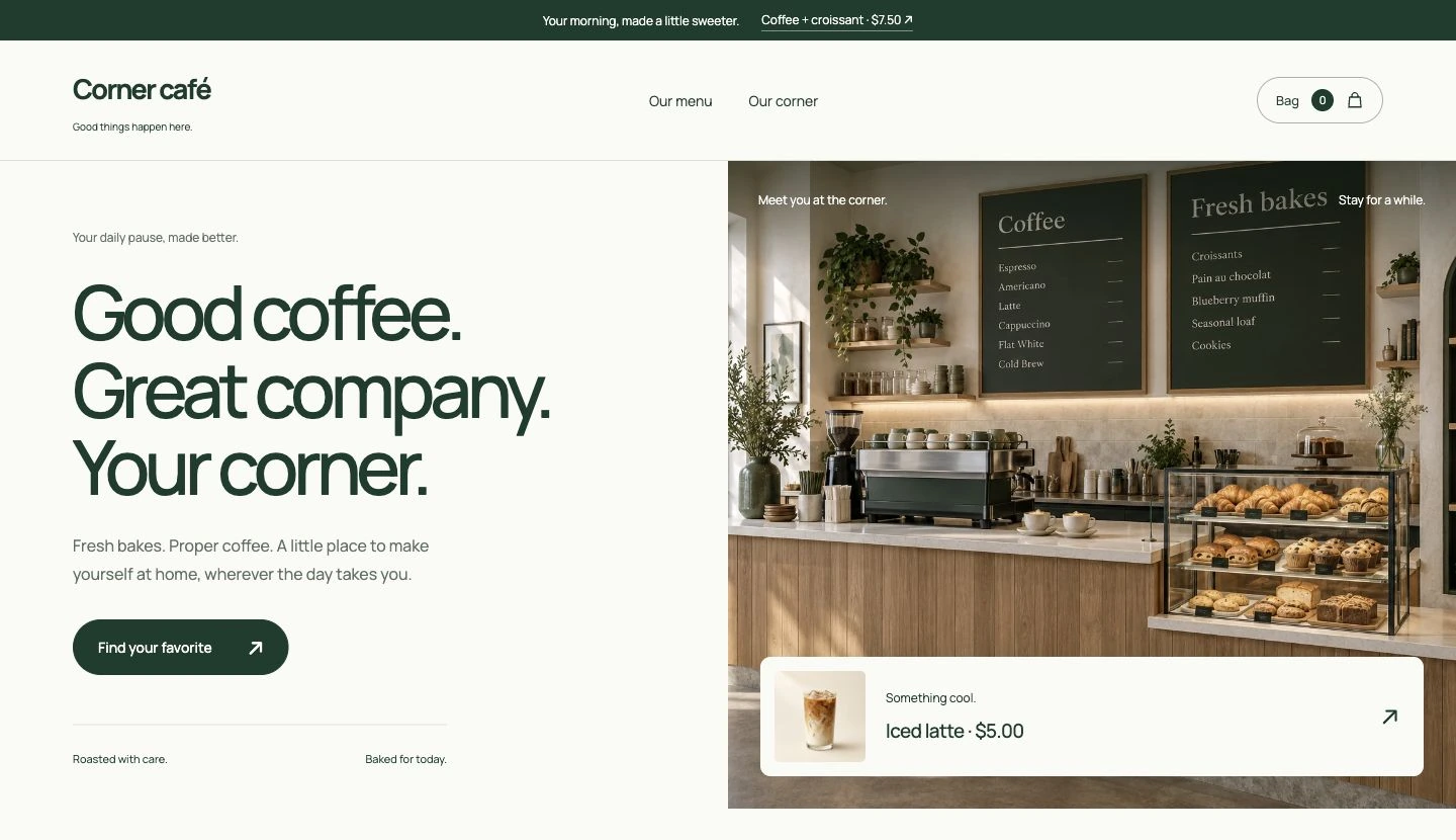 Corner café website with a large custom headline, café photography and an iced latte product feature