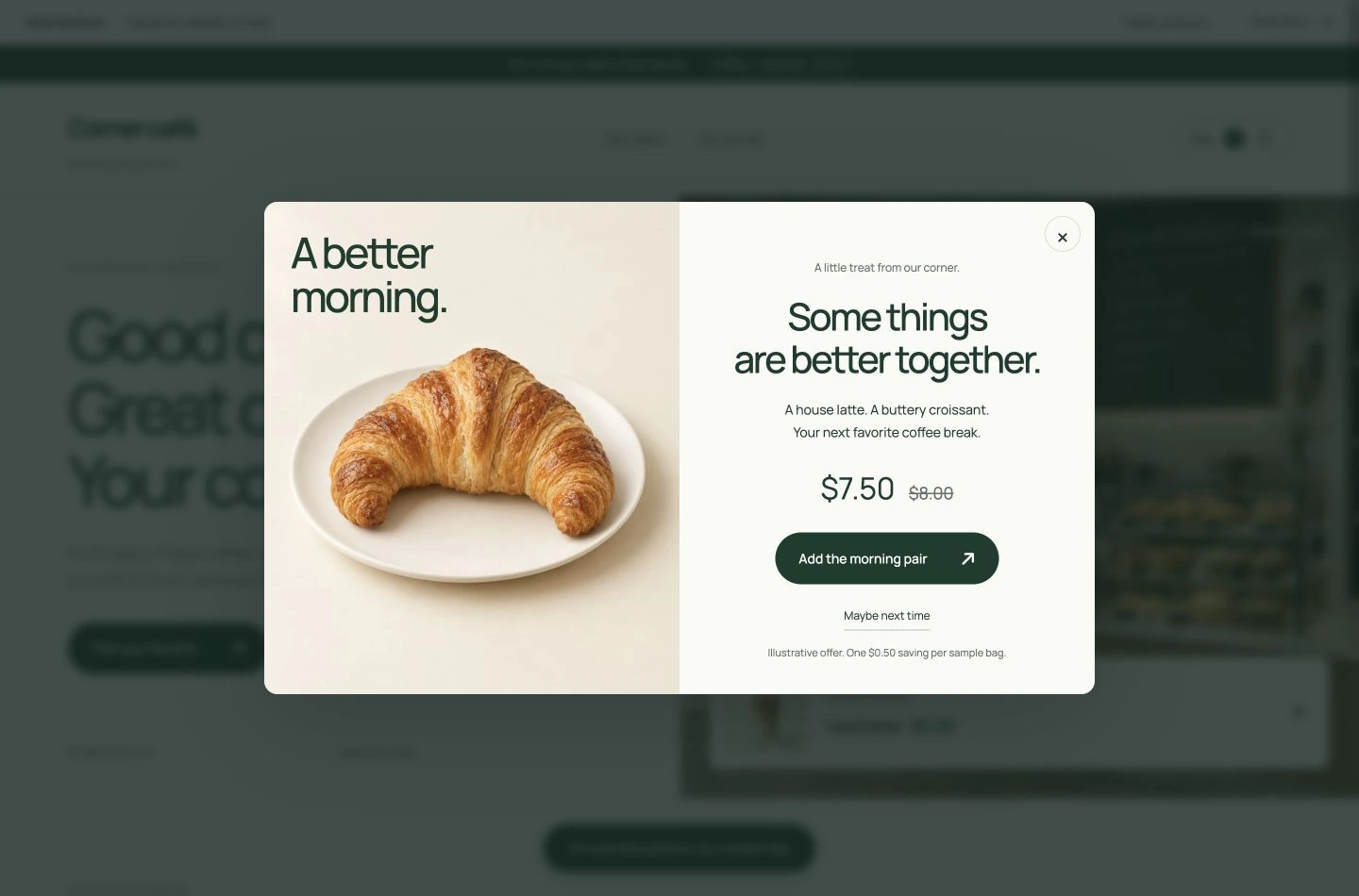 Custom café offer pop-up featuring a croissant photograph and a coffee-and-croissant morning pair with an Add the morning pair button