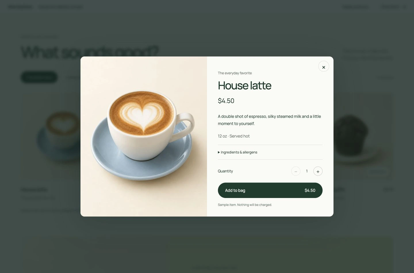 House latte product pop-up with a large product photograph, description, price, ingredients, quantity selector and Add to bag button