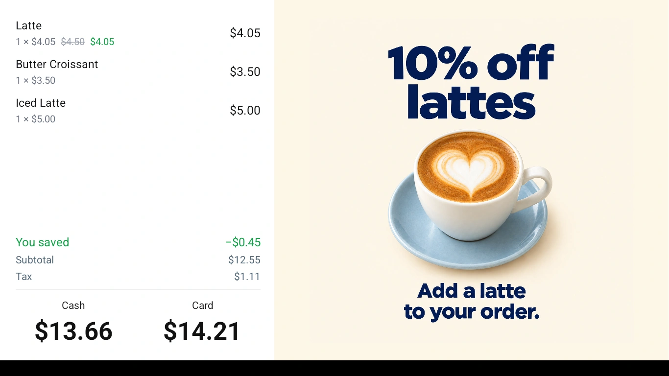 Current customer display showing the cart, cash and card totals, and a latte promotion