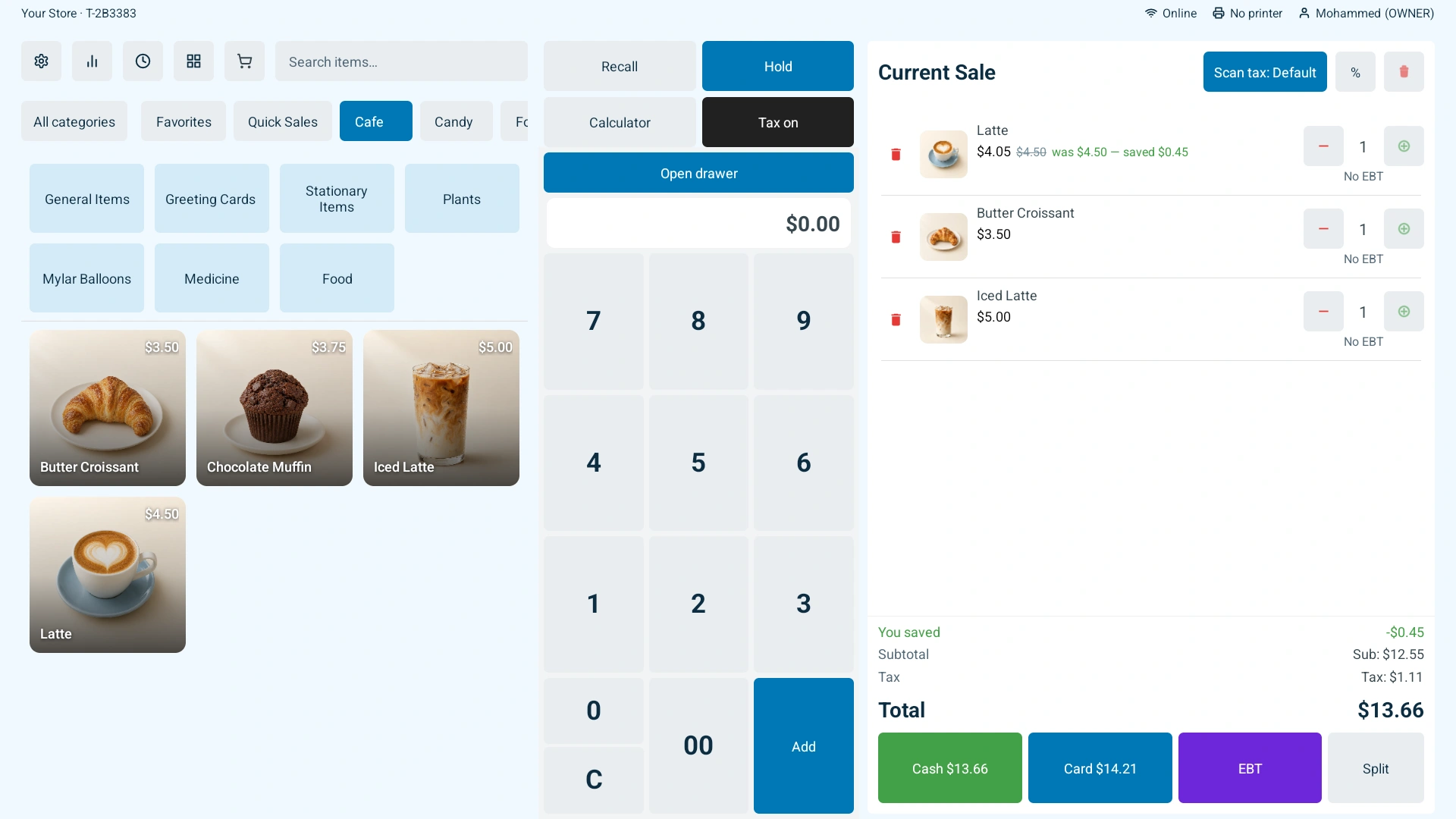 Current SleetPOS register with product tiles and an order in the cart