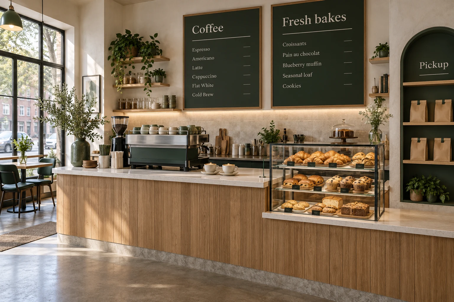 Café concept with coordinated green menu boards, pastry display, oak counter and pickup shelf