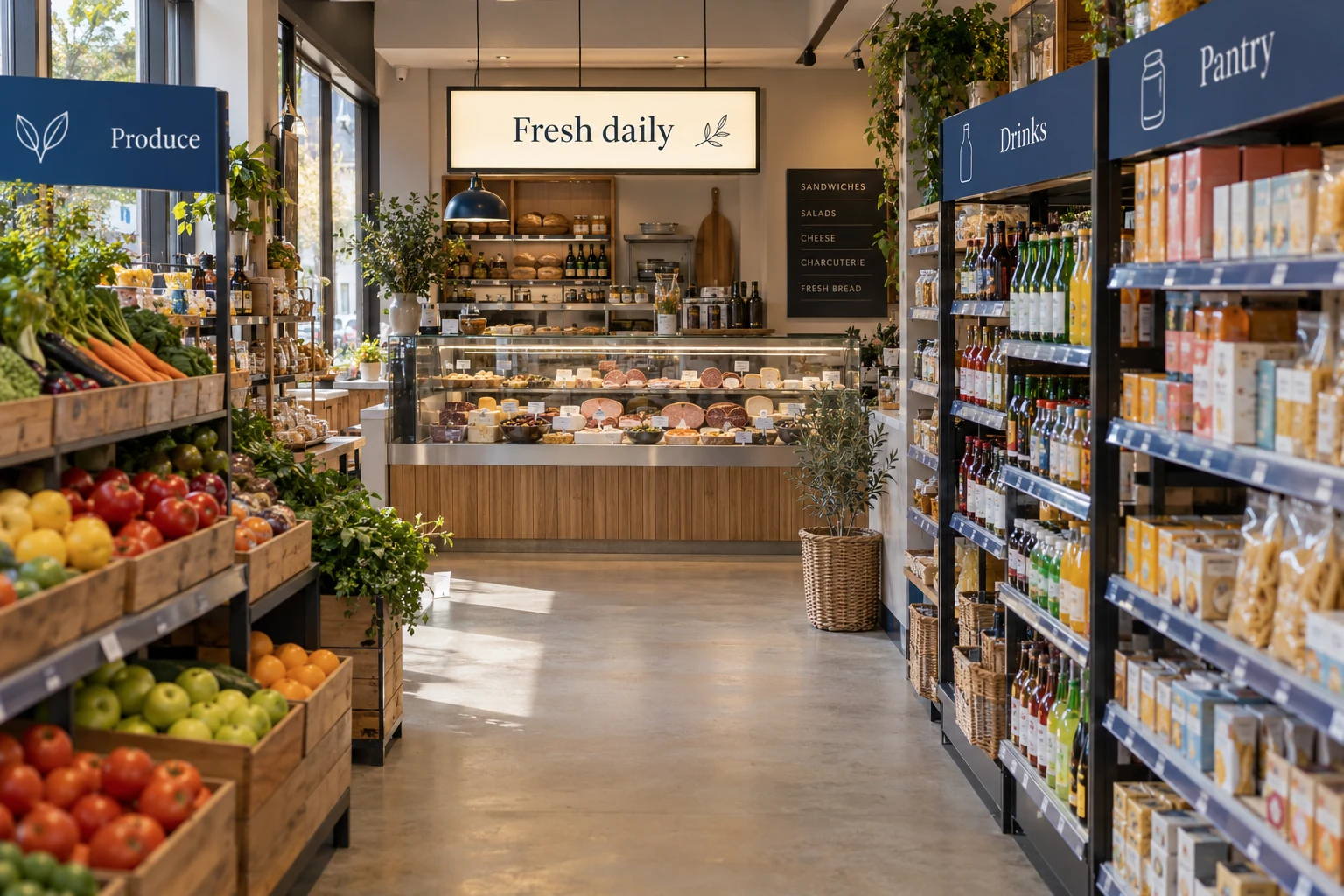 Grocery concept with a glowing Fresh daily light box, matching navy aisle markers and shelf-edge strips