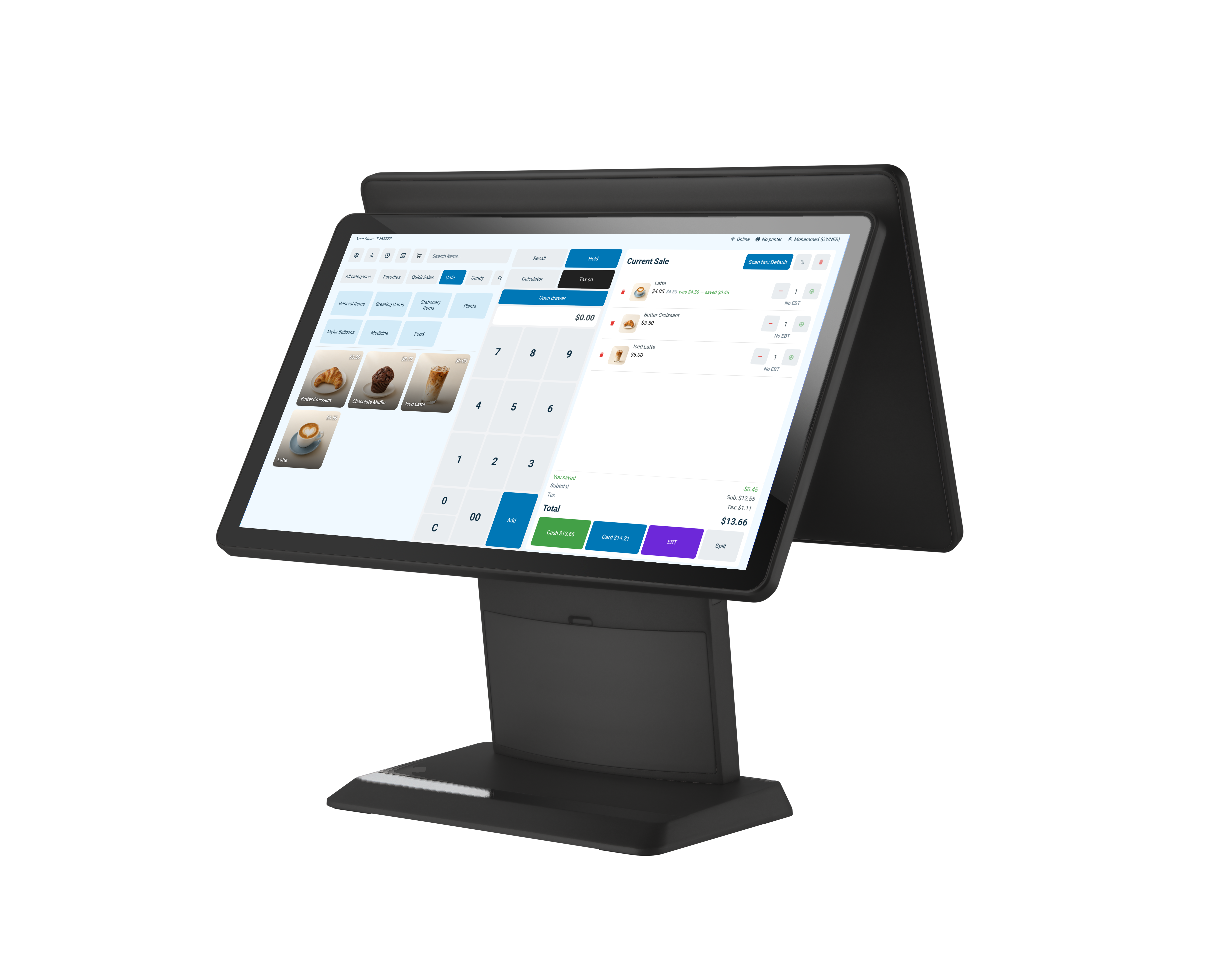 SleetPOS terminal showing the actual café checkout with croissant and coffee items