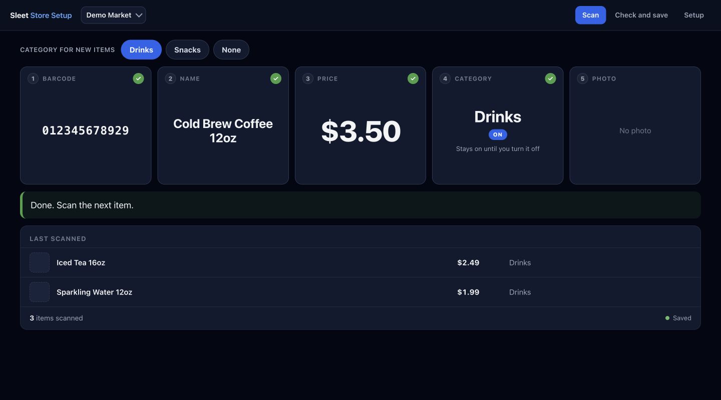 Sleet Store Setup software with a sample product catalogue and the product-and-price barcode workflow