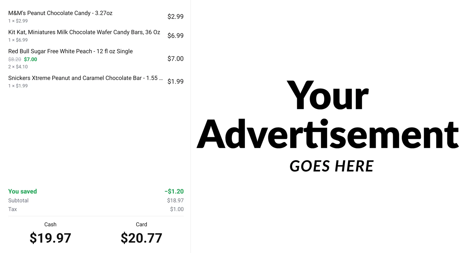 The customer-facing screen showing the same sale with the cash price and the card price