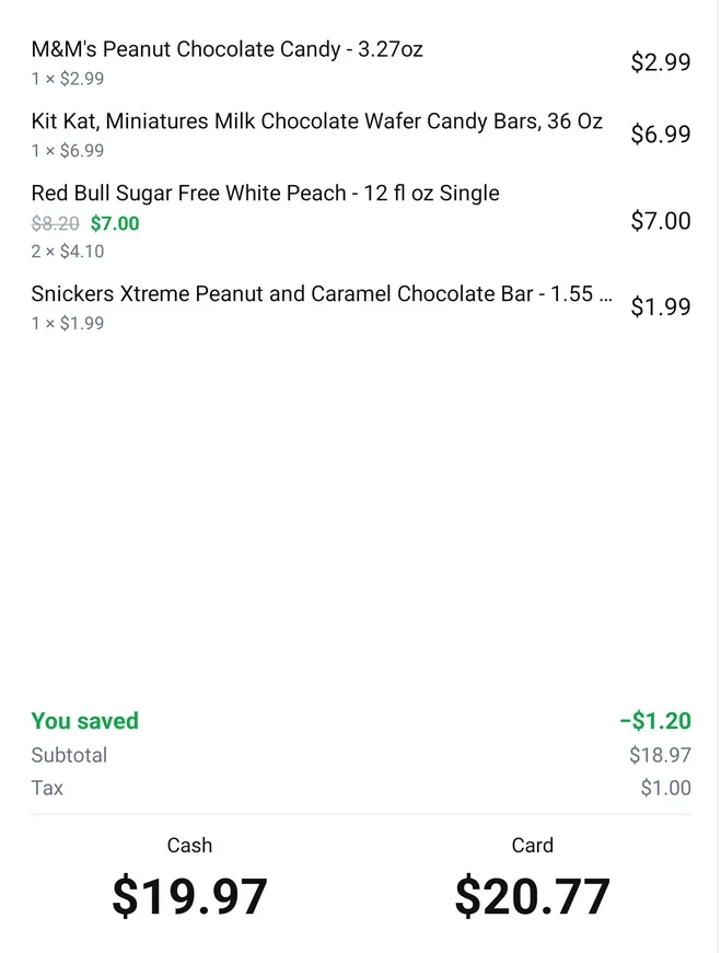 The customer-facing screen showing a cash total and a card total