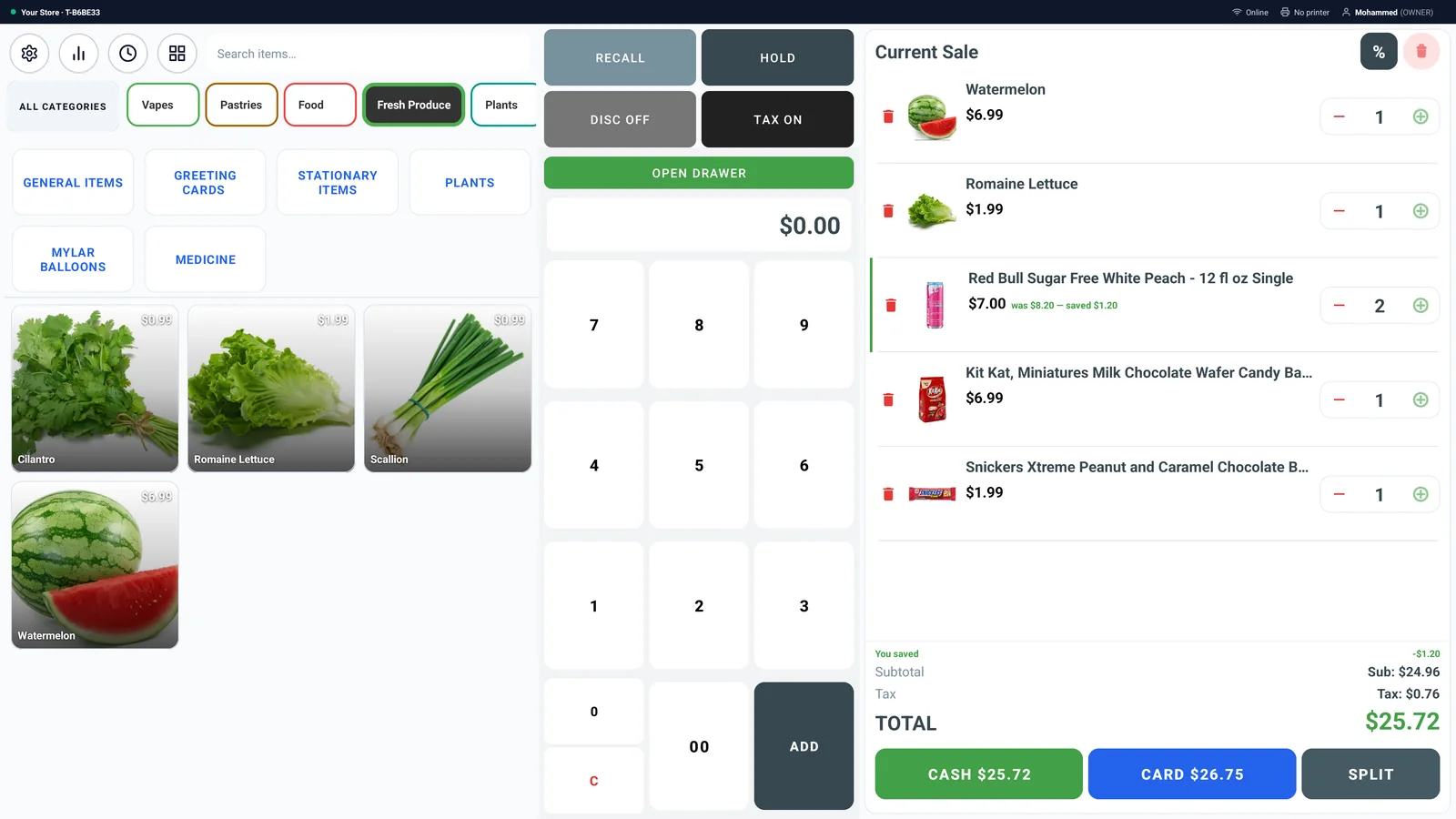 The SleetPOS register screen with a cart of items, keypad, and payment buttons