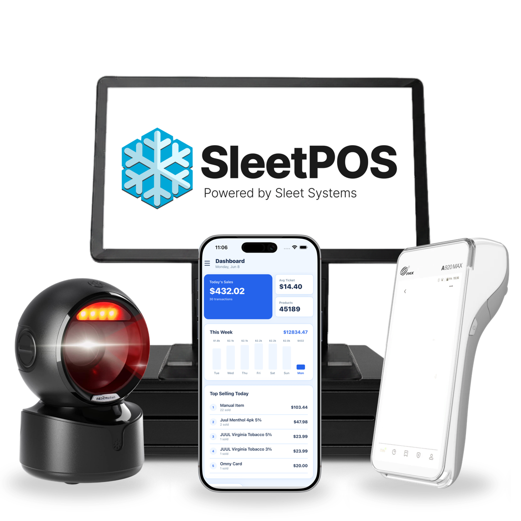 The SleetPOS kit: touchscreen terminal, barcode scanner, card reader, and live sales on your phone